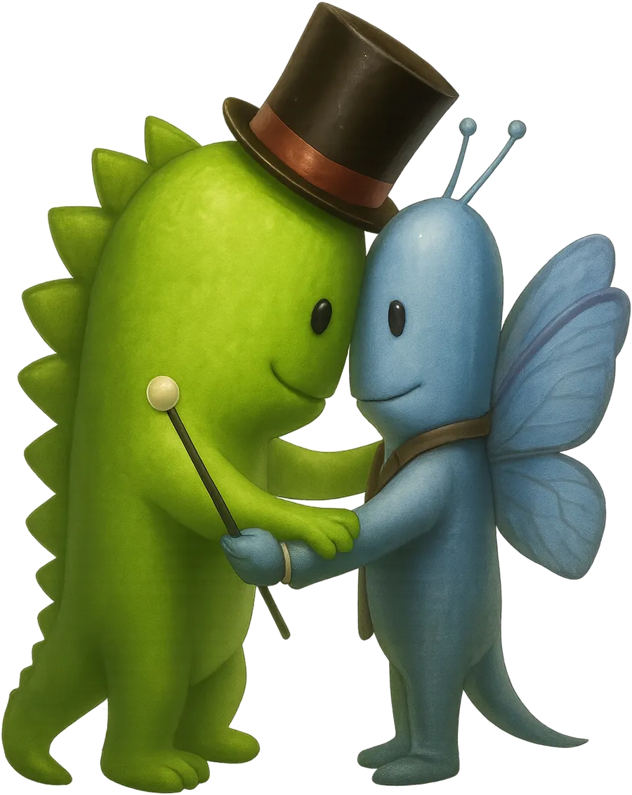 Le due mascotte di MioTuo si stringono la mano